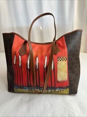 Mario Hernandez Artistic Red Canvas Shoulder bag with Brown Trim